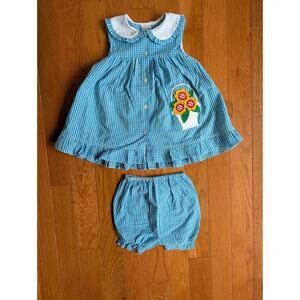 Vintage Samara Girls Blue Gingham Sunflower Dress And Bloomers Set 4T